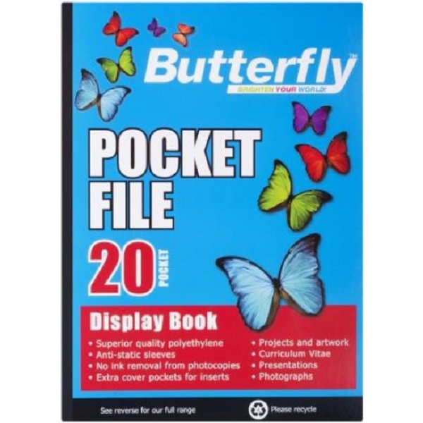 FILE DISPLAY BOOK, BUTTERFLY A4 20PKTS