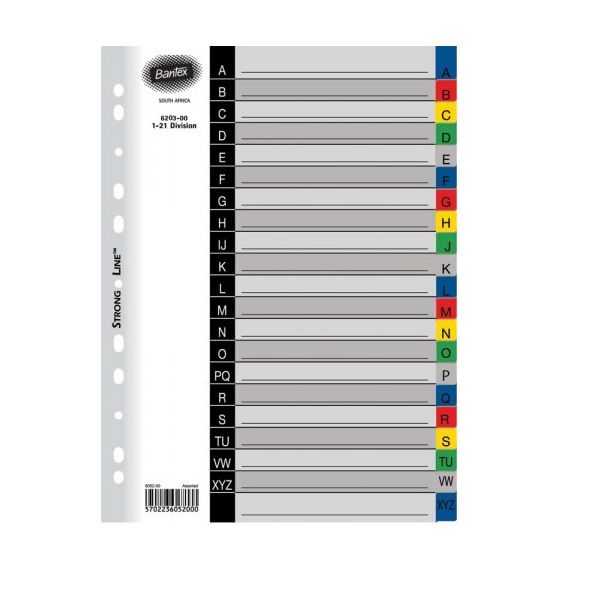 FILE DIVIDERS BANTEX 20-DIV PVC ASS 6013-00 B6013-